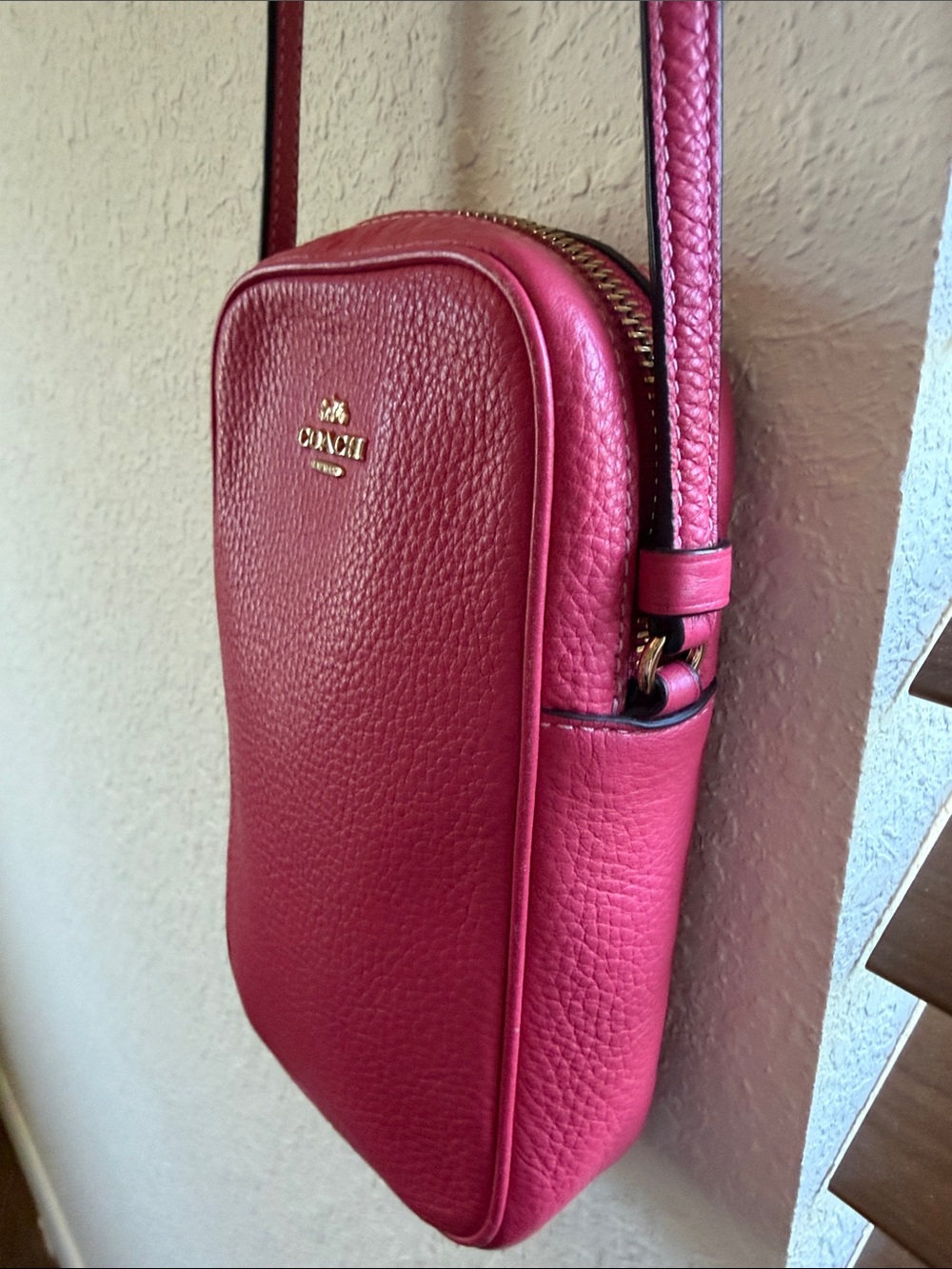 Coach Pebbled Leather Phone Crossbody - Pink with Gold Logo - Picture 9 of 14